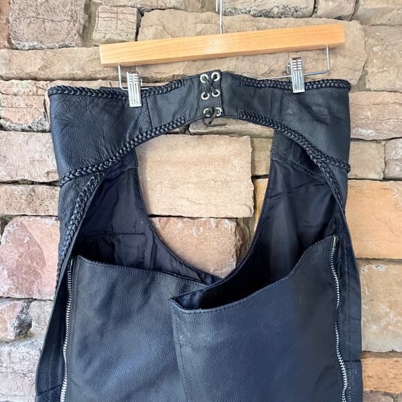 Black Leather side zip/snap motorcycle chaps Women's L Adj. Silver Buckle Waist - Picture 5 of 13